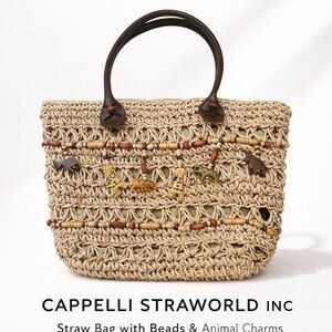 Cappelli Straworld Straw Beaded Safari Animal Bag · Wood Handles · Woven Tote